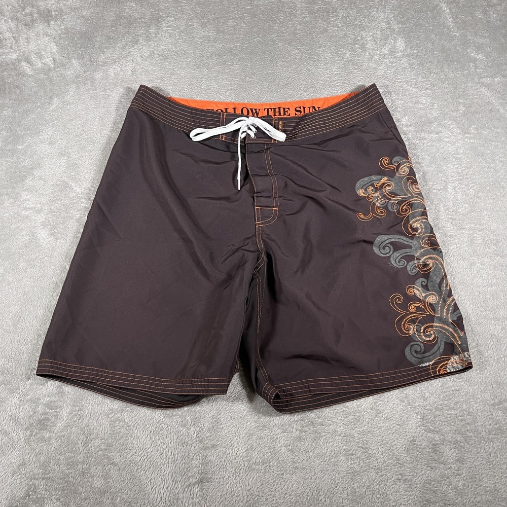 Sundek Board Shorts‎ Mens 36 Brown Orange Swim Trunks Drawstring Back Pocket